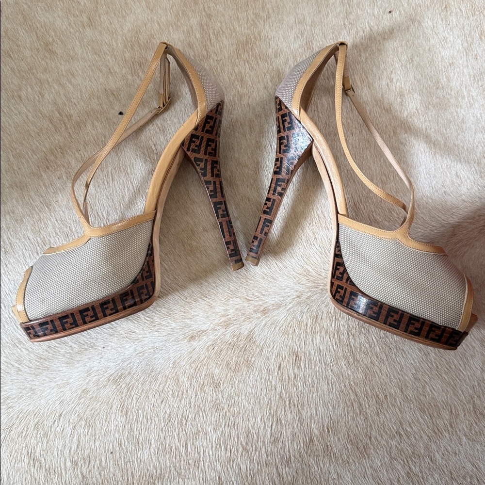 Fendi Beige Zucca Strappy Platform Peep-Toe Heels with FF Logo Platform - Picture 7 of 13